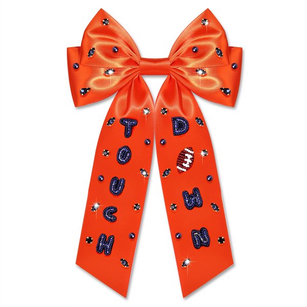 NLCAC Football Hair Bows Game Day Hair Bows for Women Long Tail Satin Bow Barrette Hair Clip Game Day Outfits Hair Accessories for Women Sports Fan Gifts Touch Down Orange Navy