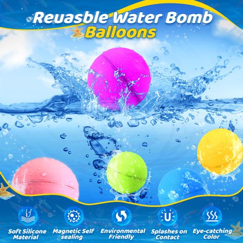 SOPPYCID Water Balloons, 4 Count, Reusable & Attractive, Quick Fill & Self-Sealing, Perfect for Backyard Fights, Pool Parties, Beach Games, Great Summer Gift