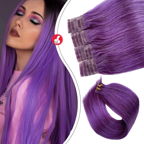 Tape in Hair Extensions Real Human Hair Purple Invisible Remy Hair 14 inch Tape Hair Extensions Seamless Skin Weft Extensions 20pcs 30g for White Women
