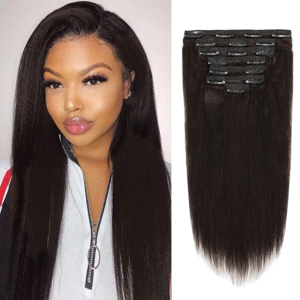 Loxxy Yaki Straight Clip in Hair Extensions Human Hair Real Remy Double Wefts for Black Women 120G 7 Pcs,YK 18 inch