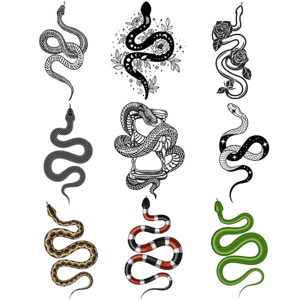 CARGEN Realistic Snake Temporary Tattoos - 3 Sheets 9 Design 3D Snake Stickers Fake Tattoos Snakes for Kids Snake Tattoos for Women Men Adult Green Rose Flower Star Hourglass Body Art Forearm Arm