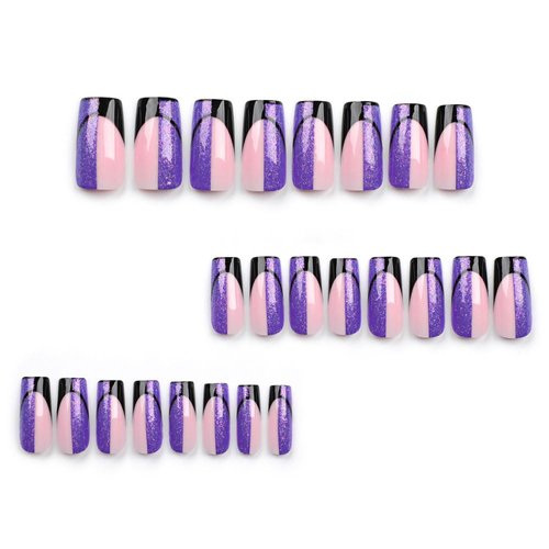 Press on Nails Medium Long Square BAOYAALIN, Purple Black Fake Nails with Glitter Design Gel Glue on Nails for Women Girls Full Cover Acrylic Artificial False Stick on Nail for Wedding 24Pcs