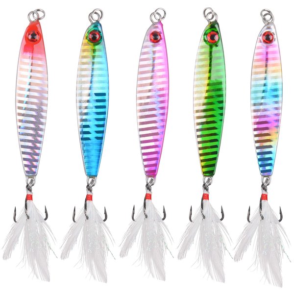 OROOTL Metal Jigs Saltwater Fishing Lures, 5pcs Hard Metal Jigging Spoon Lures Kit Slow Pitch Jigs Diving Sea Fishing Lures Fish Metal Jig Surf Casting Lures for Bass Striper Walleye Bluefish