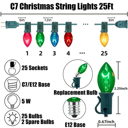 25FT C7 Christmas Lights Outdoor, Clear Multicolor Christmas Lights with 27 Clear Colorful Bulbs (2 Spare), Hanging Vintage Christmas Lights for Christmas Day Prom Party Wedding Decor, Green Wire