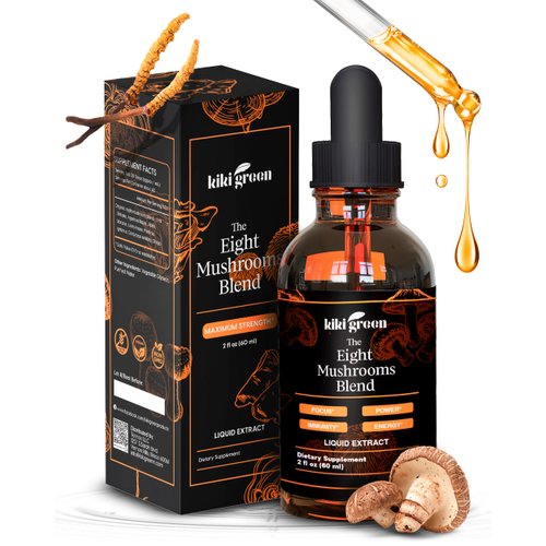 KIKI Green Liquid Mushroom Extract Drops - 8 Mushrooms Complex for Cognitive Support and Immunity Boost - Lions Mane Supplement, Cordyceps, Chaga, Reishi, Shiitake, Turkey Tail, Maitake, Red Reishi