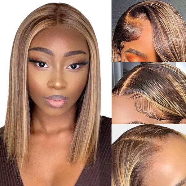 Aldita 12A Straight Lace Front Bob Wig Human Hair 13x4 Lace Front Wigs Human Hair 200 Density Wig Human Hair 14 Inch 4/27 Highlight Lace Front Wigs Colored Honey Blonde Wig Human Hair For Black Women