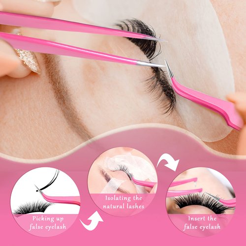 6 Pcs Lash Tweezers Eyelash Extension Tweezers, Stainless Steel Straight Tip Tweezers Curved Tip Tweezers Individual Volume Eyelash Tweezers Isolation Tweezers False Lash Application Tools (Pink)