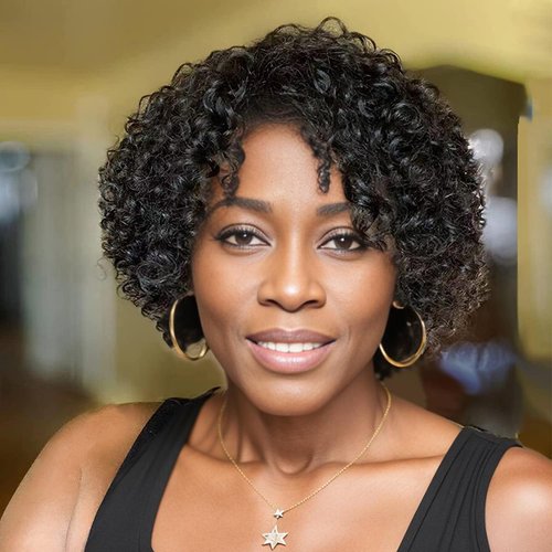 Velicoo Brazilian Wigs 10 inch Short Kinky Curly Wear and Go Glueless Human Hair Wigs For Black Women Short Curly Wigs 100% Human Hair No Lace Front Natural Color Hairdo For Older Women