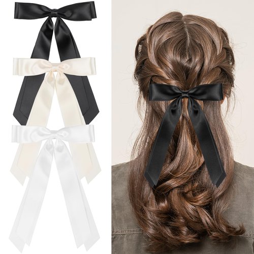 3PCS Silky Satin Hair Bows, Etercycle Beautiful Hair Ribbon Tassel Bow Clip, BowKnot Barrettes Hair Accessories Alligator Clips Hair Bow for Women Girls(Black/Beige/White)