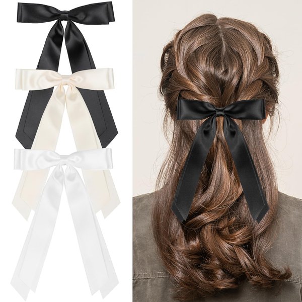 3PCS Silky Satin Hair Bows, Etercycle Beautiful Hair Ribbon Tassel Bow Clip, BowKnot Barrettes Hair Accessories Alligator Clips Hair Bow for Women Girls(Black/Beige/White)