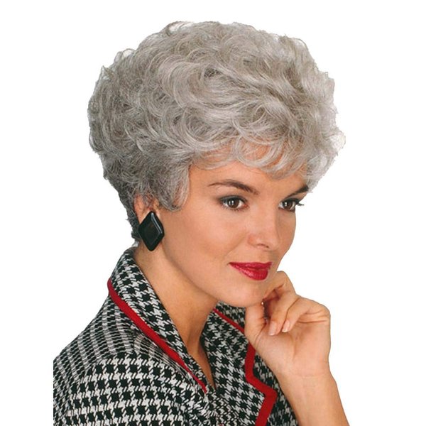 GNIMEGIL Synthetic Hair Curly Wigs Natural for Women Ombre Gray Hairstyle Old Lady Wig with Bangs Fluffy Curls Wavy Granny Silver White Wig Cosplay Halloween Costume