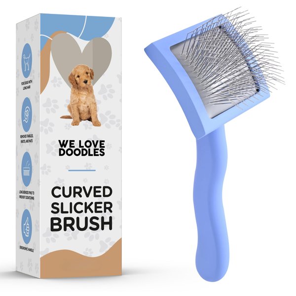 Curved Grooming Slicker Brush for Dogs, Soft Pin Goldendoodle Brush for Dematting & Shedding, Ideal Dog Slicker Brush for Poodles, Labradoodles & Other Breeds [We Love Doodles] (Small)