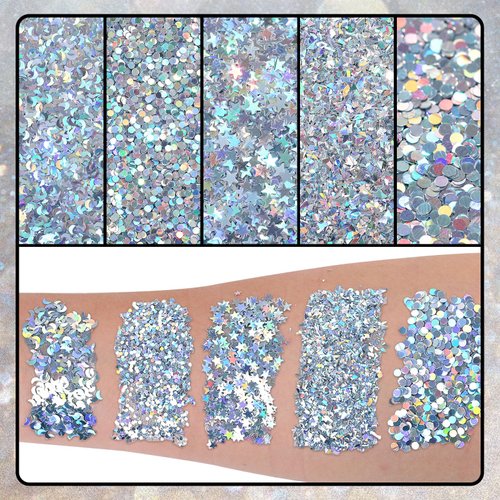 BADCOLOR 5 Packs Silver Body Glitters with Glue Kit, Holographic Chunky Sequins for Face, Body, Hair, Eye Makeup, Nail Art, Loose Glitter for Music Festival Carnival Concert Party Rave Accessories