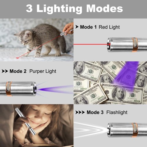 Koackl Cat Toy Pointer for Indoor 2 Pack, USB Rechargeable Cat Toy, 3 Light Colors Cat Interactive Toys for Dogs, Cats, Pet Chase Toy for Fun Playing Training Exercise Indoors