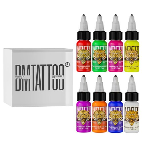 Fluorescent Tattoo Ink Set - Tattoo Inks Pigment Kit, 8 Color 1/2oz 15ml/Bottle Professional Tattoo Fluorescent Ink & Tattoo Equipment for Halloween Supplies