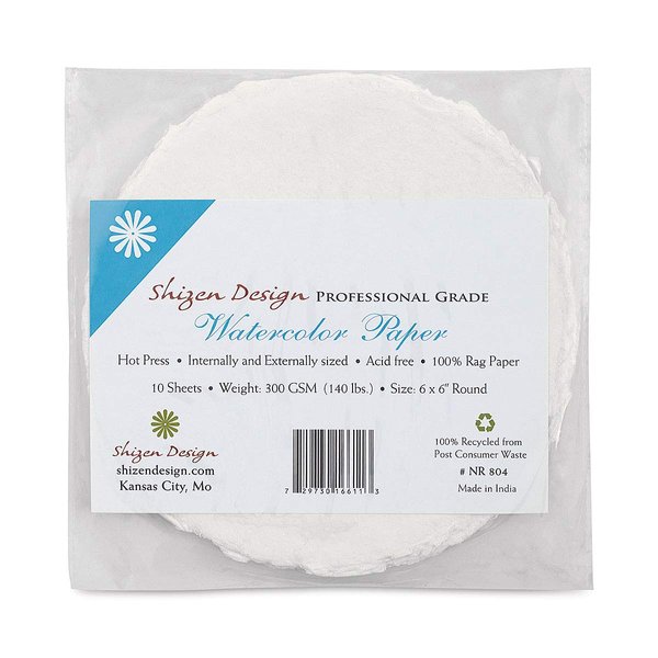Shizen Design, Watercolor Paper, White, Hot Press, 6 Inch Circle, Pack of 5 Sheets, NR 804