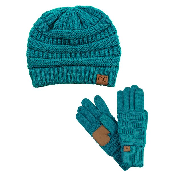 C.C Unisex Soft Stretch Cable Knit Beanie and Anti-Slip Touchscreen Gloves 2 Pc Set, Teal