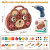 Magic Montessori Play Toolbox Bear, Thrsday Creative Tool Box, Montessori Play Toolbox with Drill, Mosaic Puzzle Toy with Electric Drill Screw Tool Set for Kids Ages 3-12 Years Old (Brown)