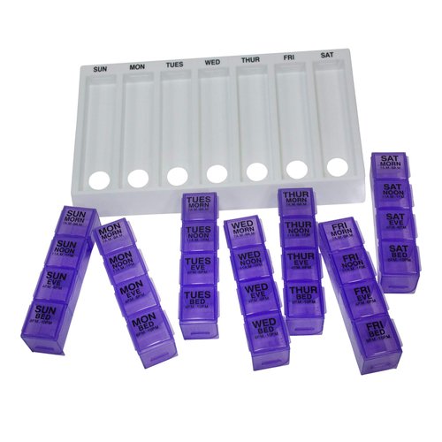 GMS 4 Times Per Day Weekly Slant Tray Pill Organizer – Includes 7 Removable Pill Boxes Designed to Protect and Remind That its Medication Time during Travel, Work and Any Other Daily Activity (Purple)