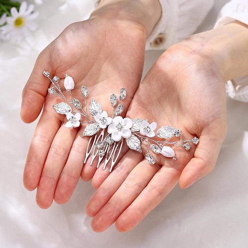 Unicra Bride Silver Wedding Hair Comb Flower Bridal Side Comb Sparkly Crystal Hair Piece Leaf Hair Accessorie for Women and Girls