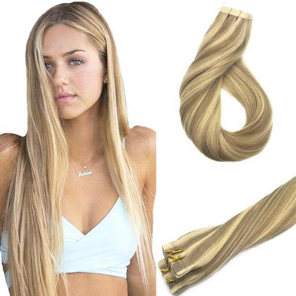 GOO GOO Tape in Hair Extensions Human Hair, 16/22 Light Blonde Highlighted Golden Blonde, 22inch 50g 20pcs, Thick Ends Straight Seamless Tape in, Invisible Tape in Hair Extensions Human Hair