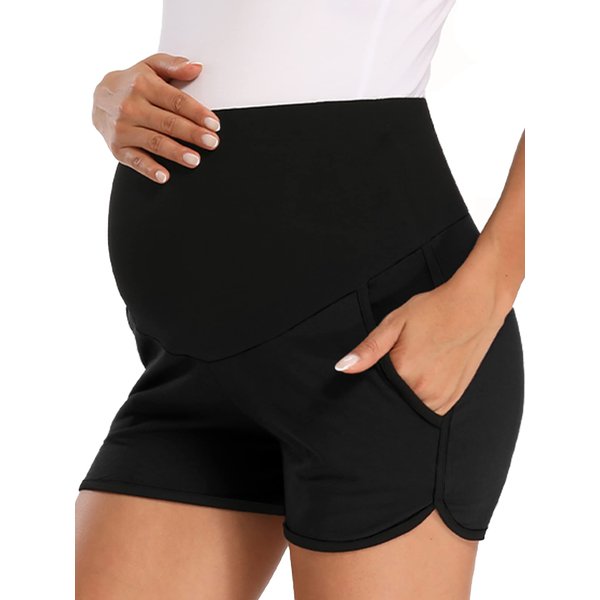 fitglam Women's Maternity Shorts Over Belly Pregnancy Clothes Pajamas Lounge Workout Sleep Shorts with Pockets Black
