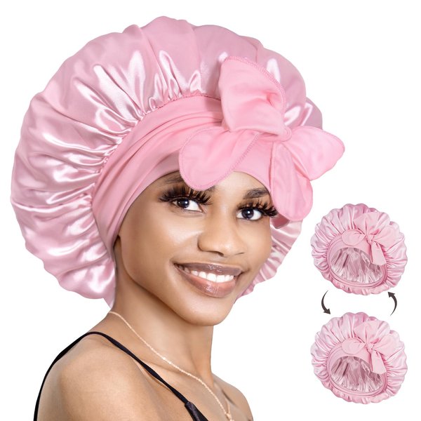 BONNET QUEEN Silk Bonnet for Sleeping Women Hair Bonnet Double Layer Satin Bonnet Tie Bonnet Sleep Satin Hair Wrap Night Cap for Curly Hair Pink