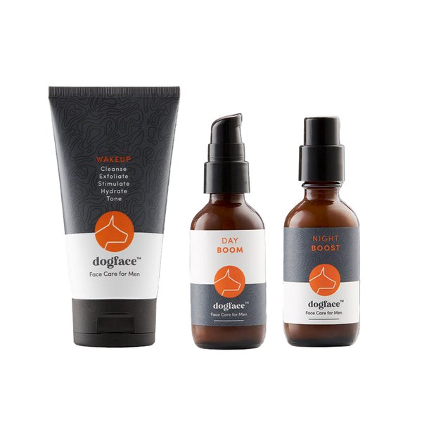 Dogface Men's Skincare Set Wakeup Gel Daily Face Wash to Exfoliate, Hydrate & Tone Skin, Day Boom Moisturizer, Night Boost Night Cream Retinol Serum
