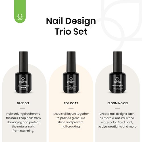 Beetles 3PCS Nail Blooming Gel & No Wipe Gel Base Top Coat Set, 15ML Shine Finish Long Lasting Top Base Gel Spreading Marble Effect Soak off UV LED Nail Gel Nail Art Design Manicure Gifts for Women