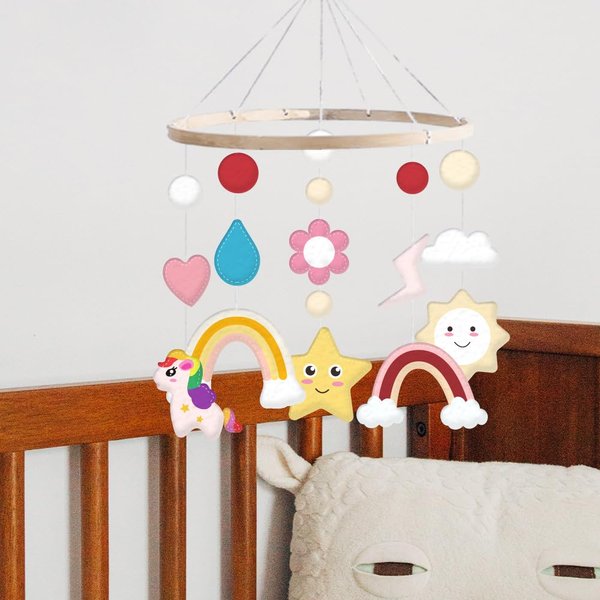 INFUNLY 20Pcs Rainbow Mobile Felt Bed Pendant Felt Cute Star Clouds Mobiles Felt Hanging with Moon Flowers Sun Bed Felt Ornament Home Hanging Felt Decor for Bed Room