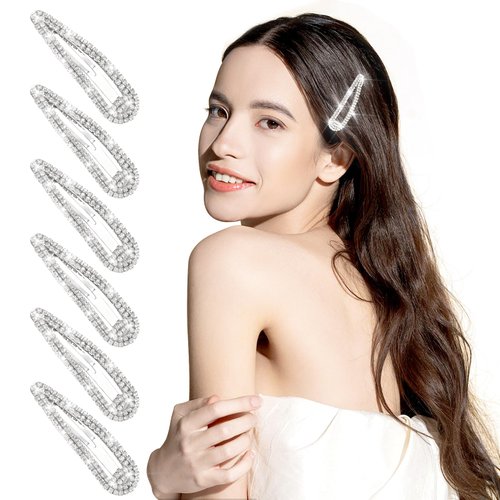 2.4 Inch Rhinestone Hair Clips, 6PCS Silver Hair Clips Snap Barrettes for Women Sparkly Hair Pins Decorative Hair Accessories for Girls Women