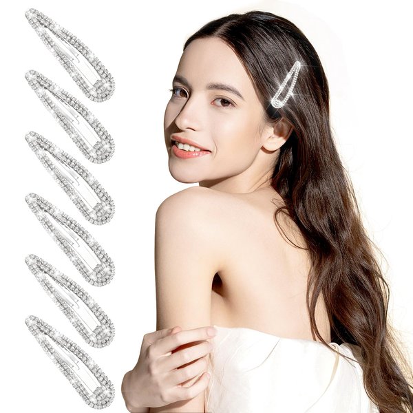 2.4 Inch Rhinestone Hair Clips, 6PCS Silver Hair Clips Snap Barrettes for Women Sparkly Hair Pins Decorative Hair Accessories for Girls Women