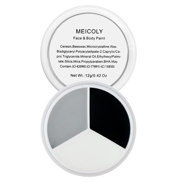 MEICOLY Black White Light Grey Face Body Paint Palette,Halloween Face Paint Clown Black White Makeup for Adults and Kids,Professional Body Paint Face Painting for SFX Cosplay Makeup