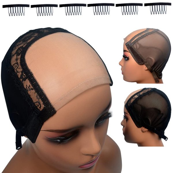 Highshion 3pcs Adjustable 4X4 Inch U Part Swiss Lace mesh wig cap for making wigs with straps one the back hairnet with 6pcs wig combs (S（54cm）, Brown)
