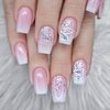 ANDGING Press on Nails Short Medium Coffin Ombre Pink and White Fake Nails with Glitter Butterfly Design Square Glue on Nails for Women Acrylic False Nails with Glue Stick on Nails for Wedding JJO36