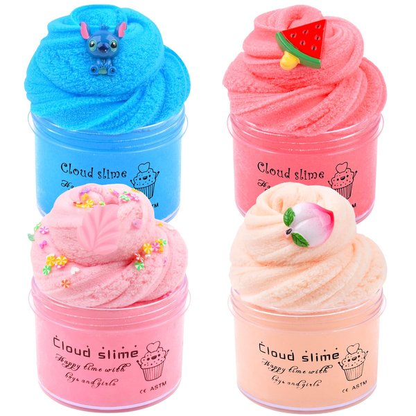 Dauwiaow 4 Pack Cloud Slime Kit, Including Blue, Red, Pink, Apricot Slime, Scented Slime for Kids Party Favor, Stress Relief Toy for Girls and Boys, Birthday Gift