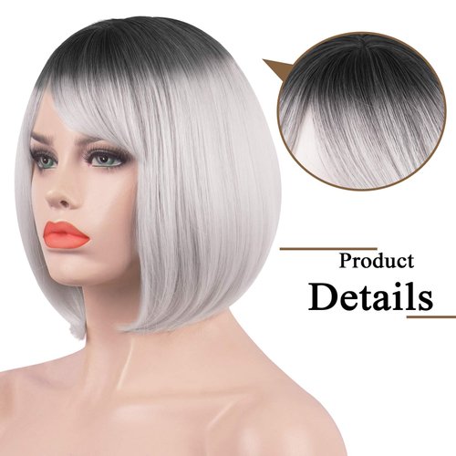 SOFEIYAN Short Straight Bob Wigs with Bangs 11 inch Synthetic Daily Party Cosplay Hair Wig for Black Women, Grey