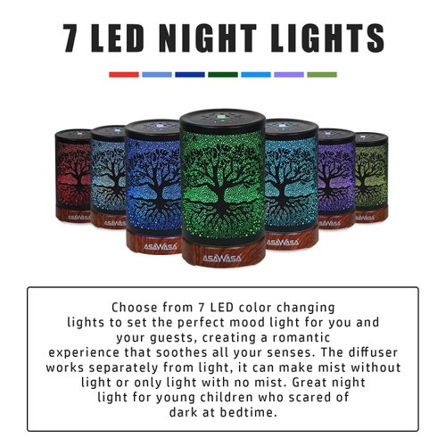 ASAWASA Diffusers for Essential Oils, Essential Oil Diffuser with Waterless Auto Shut-Off, Metal Art Aromatherapy Humidifier with Multicolor Changed Night Light,Ideal for Home Gifts Spa Yoga (Banyan)