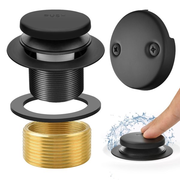 YGboost Matte Black Tub Drain Overflow Kit - Universal Bathtub Drain Replacement with 2-Hole Overflow Faceplate Set, Tip-Toe Conversion Kit, Fine & Coarse Thread