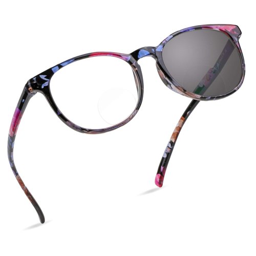 LifeArt Bifocal Reading Glasses, Transition Photochromic Dark Grey Sunglasses, Oval Frame, Computer Reading Glasses, Anti Glare (Floral, 0.00/+2.25 Magnification)