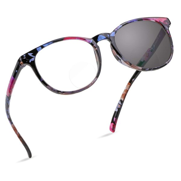 LifeArt Bifocal Reading Glasses, Transition Photochromic Dark Grey Sunglasses, Oval Frame, Computer Reading Glasses, Anti Glare (Floral, 0.00/+2.25 Magnification)