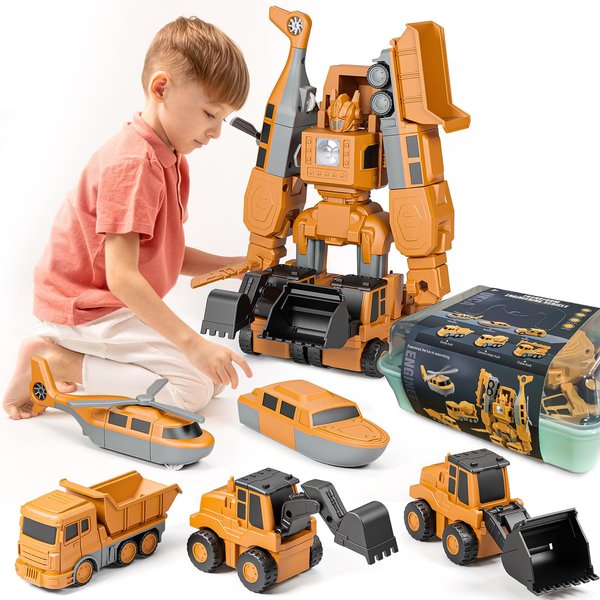 Gzsbaby Transforming Robot Toys Set for Boys, 6 in 1 Magnetic Construction Trucks Transform Robot Play Vehicles with Storage Box (Construction Toys)