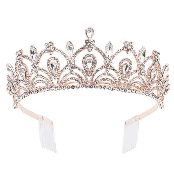 Weddingtopia Rose Gold Tiaras and Crowns Wedding Tiaras Rose Gold and Rose Gold Crowns Plus Wedding Necklace set For Free– Bridal Rose Gold Tiara Crown with side combs (ROSE GOLD CLEAR)