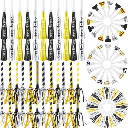 Poen 150 Pieces 2025 New Year's Eve Party Favors Glitter Party Noise Maker 30 Blowers 30 Horns 30 Noisemakers 30 Musical Whistle Blowers 30 Fringed Metal Blowouts for Christmas New Years Party Favor