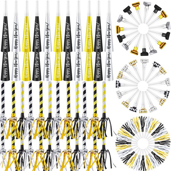 Poen 150 Pieces 2025 New Year's Eve Party Favors Glitter Party Noise Maker 30 Blowers 30 Horns 30 Noisemakers 30 Musical Whistle Blowers 30 Fringed Metal Blowouts for Christmas New Years Party Favor