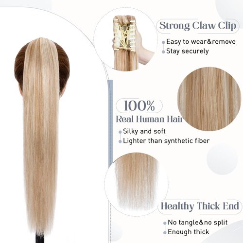Rich Choices Claw Clip Ponytail Extension Human Hair Real Hair Ponytail Balayage Golden Brown Highlighted Bleach Blonde 20 Inch 120g One Piece Clip In Long Ponytail Hair Extension For Women #12P613