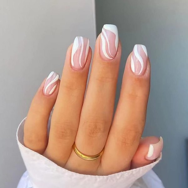 RikView White Press on Nails Medium Length with Swirls Design Square Fake Nails Full Cover Acrylic Nails