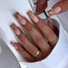 MISUD Press on Nails Long Square Fake Nails Glossy Glue on Nails Fall Brown Ombre Acrylic Nails Squoval Artificial Nails Autumn Marble Stick on False Nails with Design 24 pcs