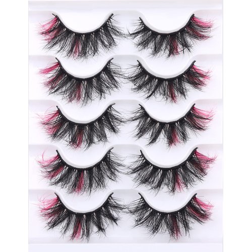 False Eyelashes with Color Deep Pink Color Lashes Fluffy Faux Mink Lashes Cat Eye Dramatic Color Eyelashes Party Long Strip Lashes Pack