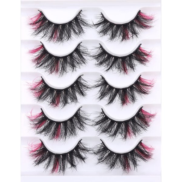 False Eyelashes with Color Deep Pink Color Lashes Fluffy Faux Mink Lashes Cat Eye Dramatic Color Eyelashes Party Long Strip Lashes Pack